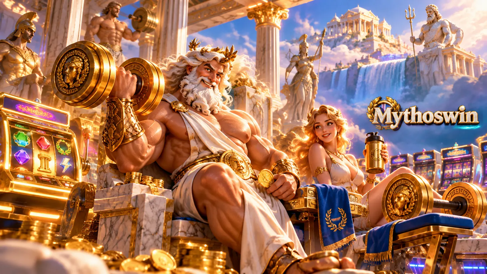Zeus lifting golden weights beside slot machines on Mount Olympus