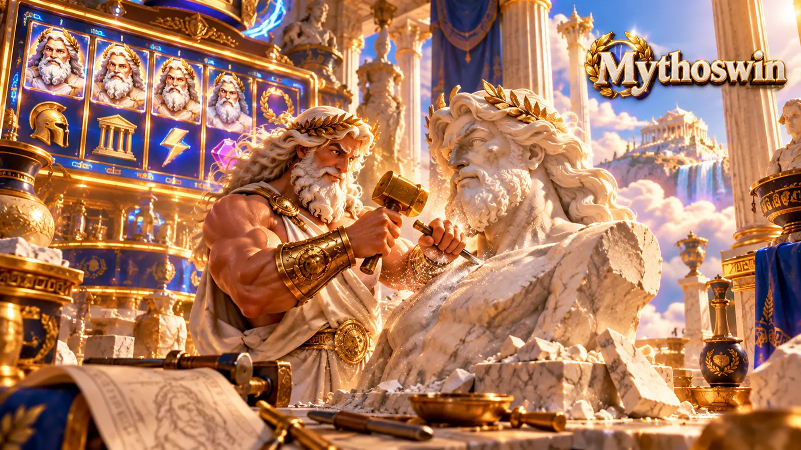 Zeus sculpting a marble bust in a golden workshop