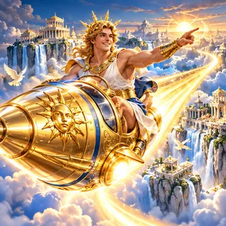 Apollo riding a golden rocket over Olympus