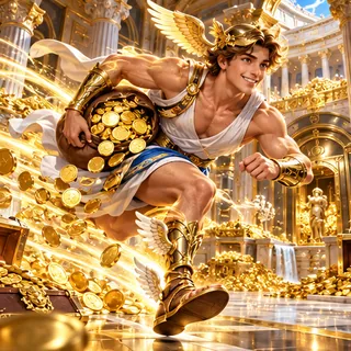 Hermes, the messenger of the gods, carrying a bag of gold coins